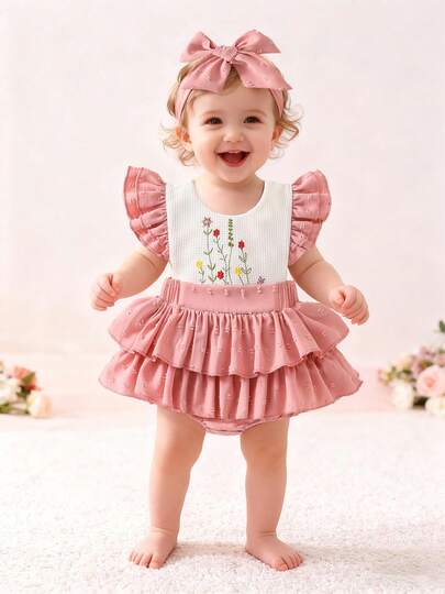Bộ váy xếp ly thêu hoa cho bé gái sơ sinh và trẻ nhỏ kèm băng đô nơ, váy công chúa nhẹ, thoáng khí, trang phục dự tiệc sinh nhật 100 ngày/1 tuổi, đồ mặc thường ngày ngọt ngào cho bé.