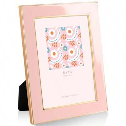 5x7 Enamel Picture Frame With Gold Metal Edge HD Tempered Glass Photo Frame With Velvet Back Easel Stand For Wall Or Tabletop Display Family Office Photo Gallery Pink