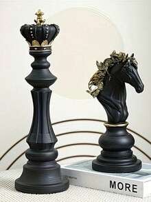 Chess King, Queen, Knight Sculpture Figurine, Home Office Desktop Decor Collectible Gift - Black - View 3