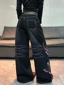 1pc Women's Fashionable Distressed Embroidered Loose Fit High Street Wide Leg Jeans, Comfortable Casual Denim Pants, Versatile For All Seasons (Belt/Accessories Not Included) Black Spring - Black - View 2