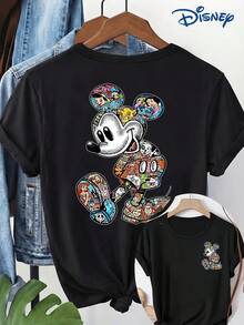 Women's Short Sleeved T-Shirt, Double-Sided Printing On The Front And Back, Disneyland, Mickey Mouse Cartoon Image Printed Short Sleeved Round Neck T-Shirt, Casual And Fashionable Short Sleeved T-Shirt, Slightly Elastic, Non Transparent, Easy To Care For Material, Ideal For Daily Wear, Women's T-Shirt, Disney Shirt, Disney Shirts, Summer Outfits For Women, Spring Outfits For Women, Officially Licensed Disney T-Shirts, Disney Men's And Women's Spring/Summer Fashion Casual Short-Sleeve T-Shirts - Black - View 1