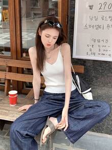 Women's Elegant Casual Sweet Pure Desire Street Style White Knit Sleeveless V-Neck Fitted Tank Top - 2026 Spring Summer Korean Minimalist Casual Undershirt - Milky White - View 5