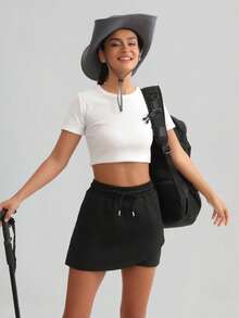 Women's Solid Color Drawstring Waist Casual Shorts, Versatile For Daily Wear, Hiking, Running, Cycling Sports - Black - View 8