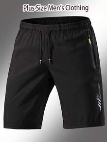 Plus Size Men's Shorts, Plus Size Sports Casual Shorts With Zipper Pockets And Drawstring Waist, Designed For Plus Size Men Black Summer - Black - View 3