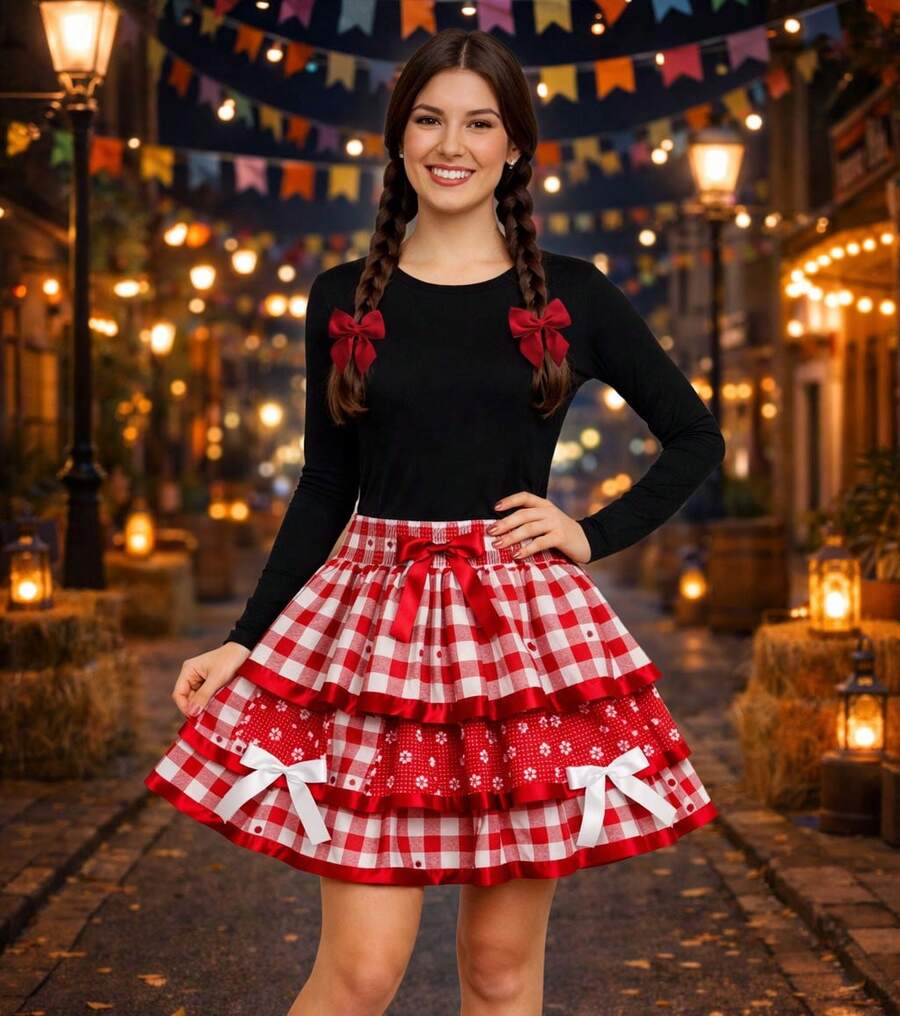 Adult, Teen, Plus Size Women's Quadrilha Caipira São João Luxury Plaid Skirt 2026 - 紅色 - 查看 1