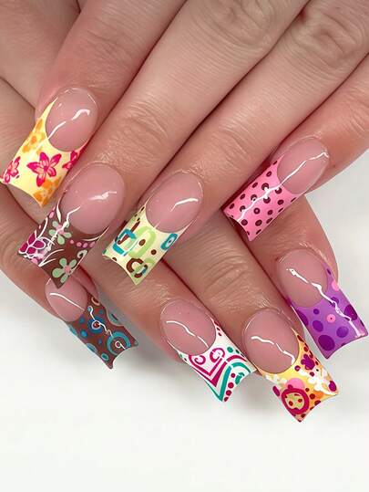 Mejora instantáneamente tu apariencia con 24 uñas postizas cuadradas medianas. Incluye diseños de puntos rosa, rojo y morado, mariposas rosas, flores rosa y amarillas, uñas rosas nude, rayas de colores de moda, círculos múltiples, patrones geométricos irregulares en verde, azul y marrón, y estilo francés blanco, amarillo, morado y rosa. Incluye 1 hoja de pegatinas adhesivas y 1 lima de uñas. Envío aleatorio.