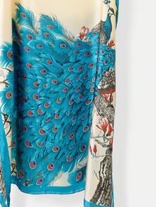 1pc Women's Elegant Floral Print Faux Silk Cover Up Shawl, Lightweight Breathable Satin Kimono Robe For Spring/Summer Beach, Vacation, Sun Protection,Holiday,Accessories,Travel Essential - Peacock Blue - View 2