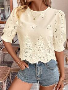 Blusa de mujer primavera/verano de tela unicolor con bordado floral y manga elástica tipo loto - Albaricoque - Ver 2