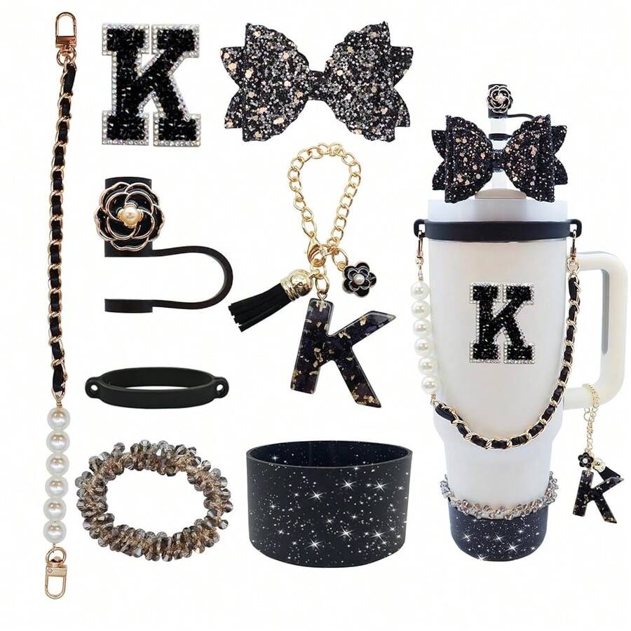 Stanley Cup Accessories Set For 40oz & 30oz Tumbler With Handle,Including Straw Topper,Boot,Water Bottle Handle Strap,Straw Bow Decorate,Bracelets,Letter Charm,Initials Sticker,Cup Ring(Black K) - Đen-K - Xem 1