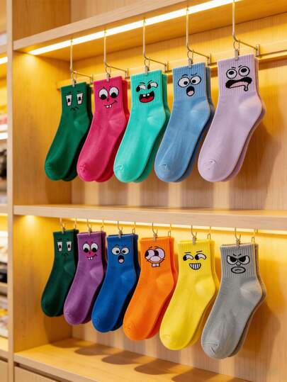 1/5 đôi tất in hình mặt hoạt hình ngộ nghĩnh, 10 chiếc/bộ, in hình biểu cảm nhiều màu sắc neon, tất dài đến bắp chân kiểu dáng thường ngày, tất dài đến bắp chân họa tiết mặt hoạt hình nhiều màu sắc neon ngộ nghĩnh dành cho nữ và nam.