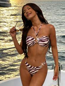 2pcs Solid Color Striped Casual Elegant Backless Tie-Front Bikini Swimwear, Beach Vacation Summer - Coffee Brown - View 2