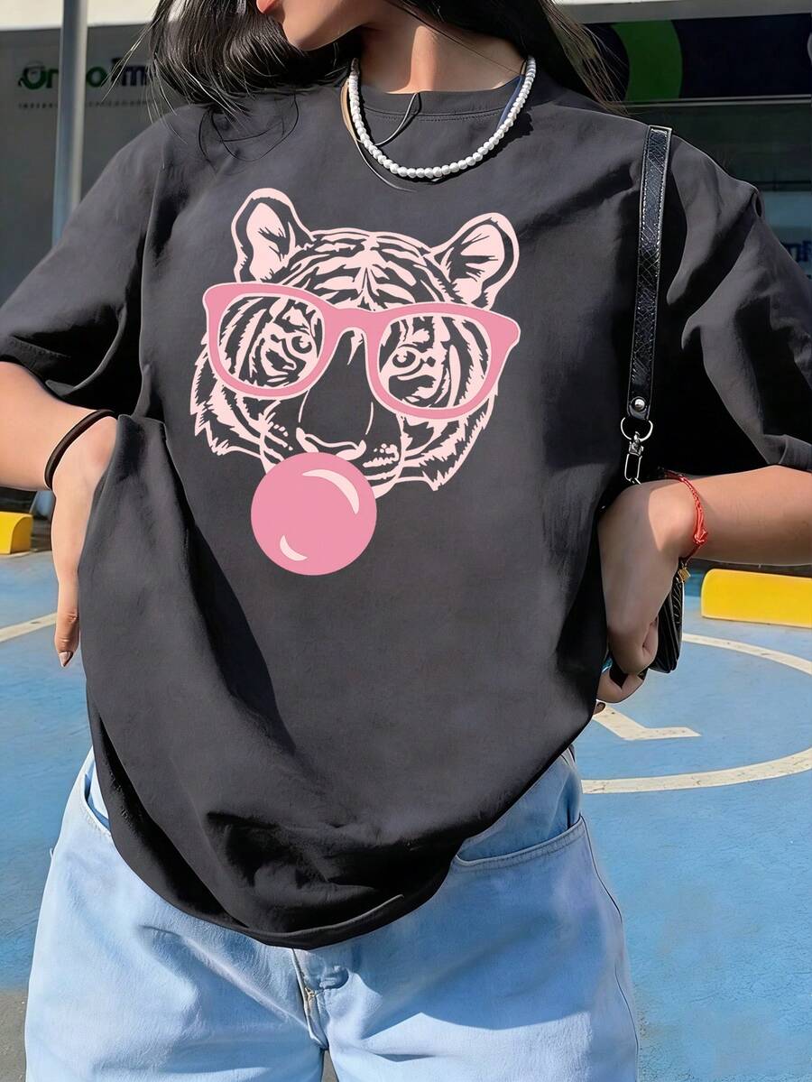女士夏季新款简约时尚虎嘴泡泡印花休闲度假宽松百搭圆领绿色短袖T恤，时尚日常上衣，适合日常度假穿着