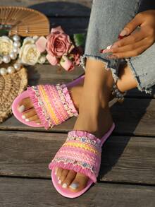 planare Dép lê nữ mùa hè tối giản bằng vải dệt màu nâu, kaki, hồng, kiểu dáng đế bằng, mũi tròn, thích hợp cho sử dụng hàng ngày, đi nghỉ mát và các dịp thường ngày. - Hồng - Xem 6