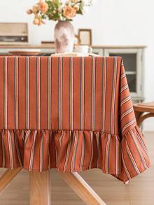1pc Caramel Striped Ruffled Tablecloth, Modern Minimalist Household Dining Table Cover, Square Dust-Proof Cloth Suitable For Restaurant, Living Room, Kitchen Decor - Caramel - View 12