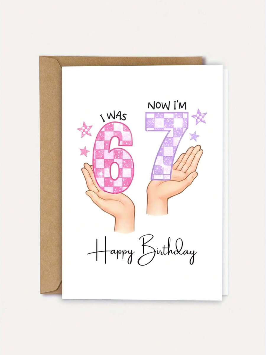 1张趣味生日贺卡，附信封，友谊至上生日快乐贺卡，数字6至7格子设计，适合任何场合和祝贺。 - A - 查看 1