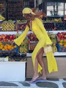 2026新款HoloChill女士性感针织镂空领中长连衣裙，长袖高弹半透明修身波西米亚风派对夏季连衣裙 - 黃色 - 查看 7