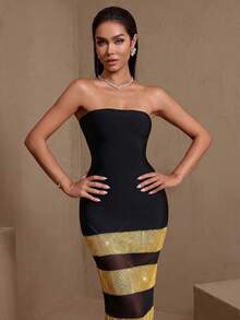 Women's Striped Contrast Color Elegant Strapless Fitted Mermaid Dress Party Wedding - Multicolor - View 7