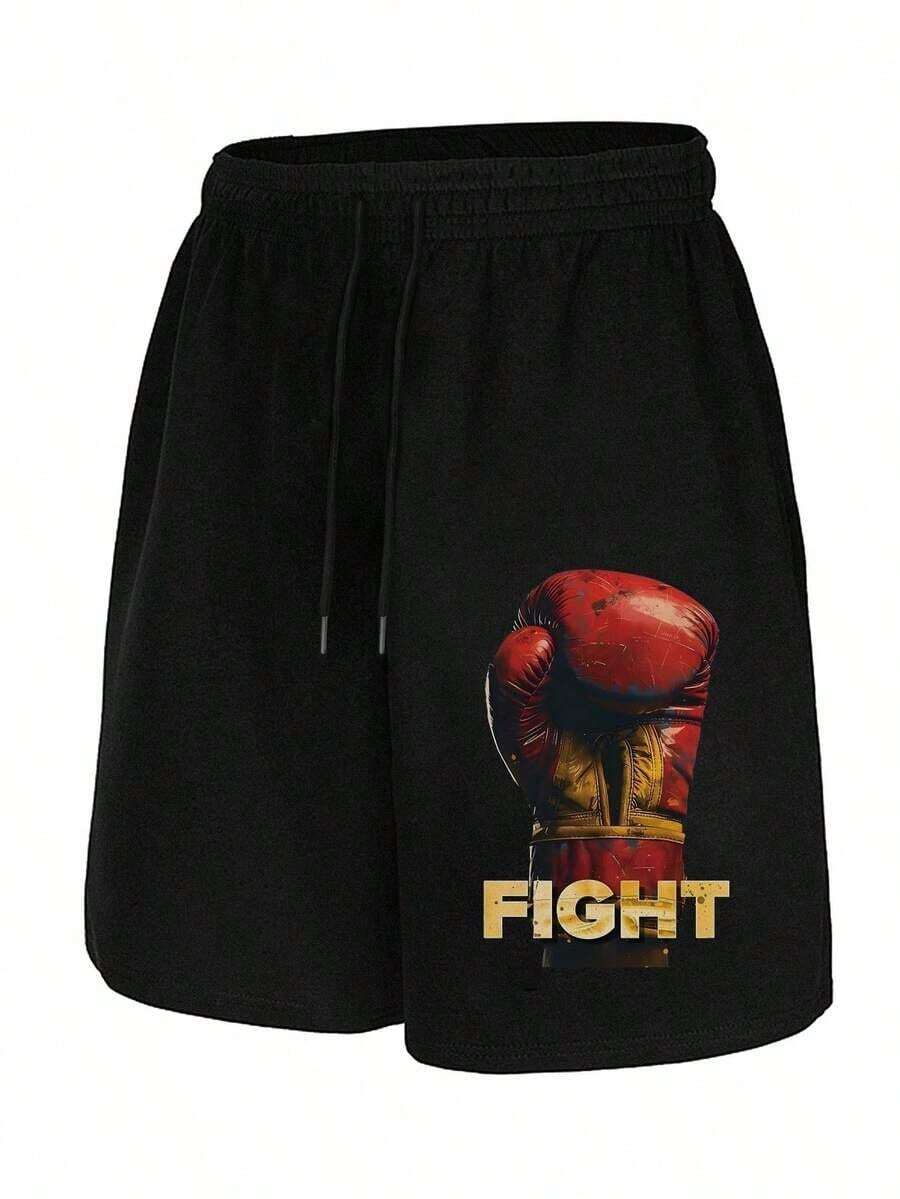 Men'S Boxing Training Shorts With Red Gloves & Fight Print - Athletic Gym Shorts, Drawstring Waist, Side Pockets - Lightweight Workout Pants For Boxing, MMA, Running, Casual Streetwear - Black With Bold Combat Design, Martial Arts Gear, Sporty Look, Comfortable Fit, Fitness Enthusiasts, Durable Construction, Fitness Lovers - 黑色 - 查看 1