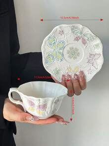 1 Set Embossed Matte Ceramic Coffee Cup & Saucer, French Ins-Style High-Quality Design, Large Capacity Elegant Mug, Ceramic - Suitable For Coffee, Milk, Entertaining Guests/Relatives, Exquisite Gift - Multicolor - View 11