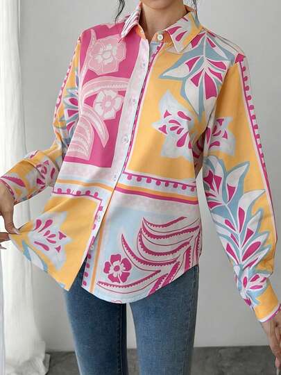 1 chiếc áo sơ mi nữ thanh lịch, màu hồng, cổ áo in họa tiết, cài cúc đơn, tay dài - Trang phục thoải mái và thoáng khí, hoàn hảo cho công sở, thường ngày, tiệc tùng, dạ hội, đám cưới, năm mới và các dịp khác. Một món quà lý tưởng cho bạn gái, vợ, mẹ vào ngày sinh nhật, dạ hội, tiệc tùng, năm mới, Ngày của Mẹ và các lễ hội khác.