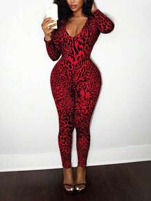 DOUCIU Leopard Print V-Neck Long Sleeve Backless Fitted Jumpsuit Daily Casual Sporty - Red - View 3