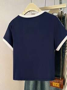 Women's Casual Colorblock Numeric 67 Print Side Stripe Collegiate Beach Daily Round Neck Short Sleeve T-Shirt, Everyday Wear Summer - Dark Blue - View 2