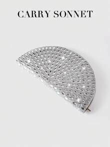 Sac de soirée à paillettes en forme d'éventail avec strass argentés, sac de soirée scintillant avec fermeture éclair, cadeau idéal pour les femmes - Argent - Voir 7