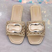 Women's Mesh Chunky Heel Mid-Heel Sandals, Comfortable Breathable Beach Holiday Slippers, Essential For Spring/Summer Outfits - Gold - View 5