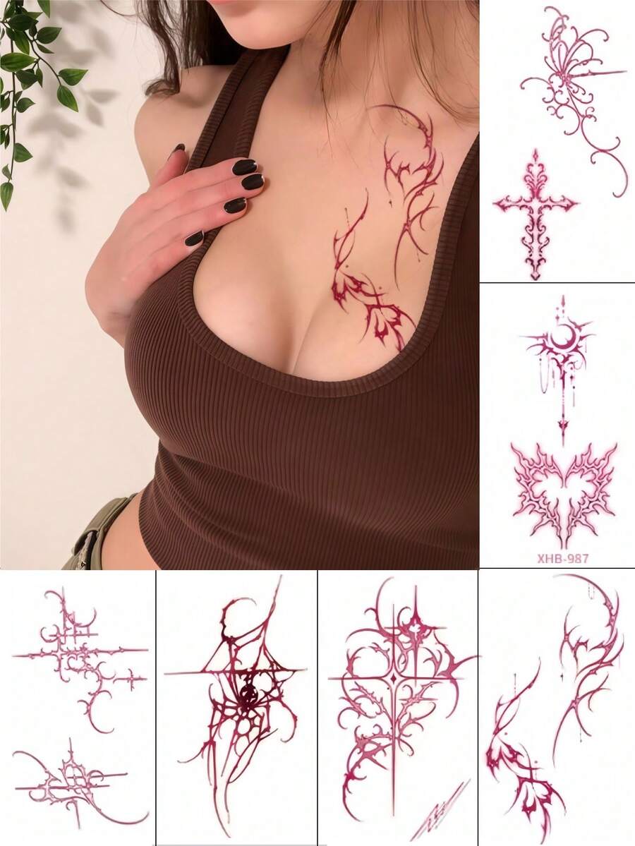 6张手部纹身贴纸，Y2K风格，性感胸部纹身贴纸，适合女性身体彩绘、节日、舞会、生日派对、化妆、角色扮演等场合。 - 彩色 - 查看 1