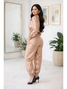 Women's Set: Long-Sleeved Blouse With Shoulder Pads And Jogger Pants In Thick Satin Crepe With Elastane, Fitted Cuffs, Stylish, Modern And Sophisticated - 金色 - 查看 5