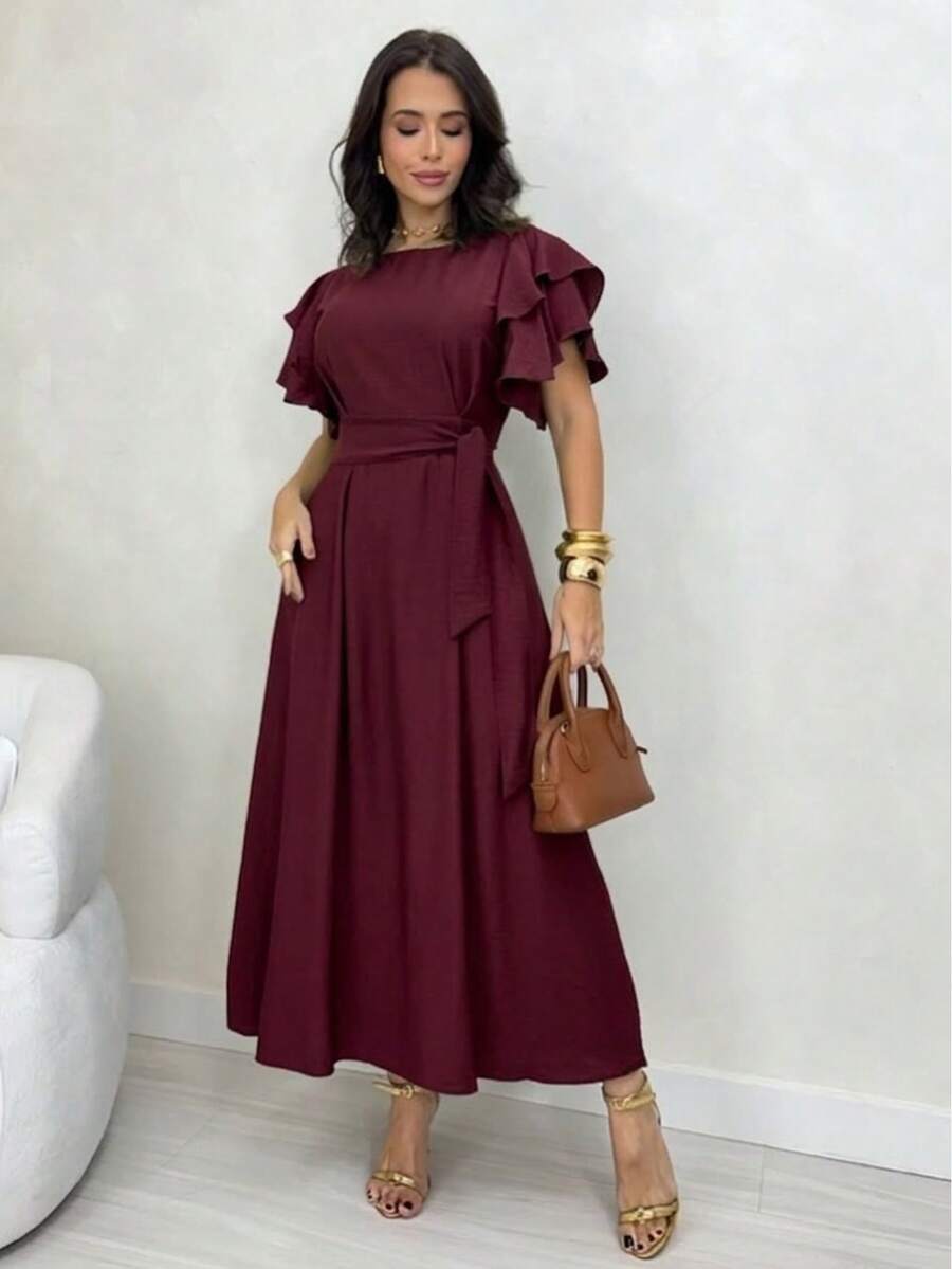 Women's Long Dress With Ruffled Sleeves, Bridesmaid, Wedding, Party, Graduation, Evangelical, Skirt With 3 Tiers - 紅木色 - 查看 1