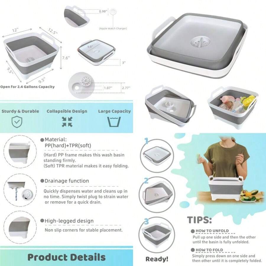 Collapsible Wash Basin With Drain Plug - 2.4 Gallon Foldable Kitchen Sink For Baby Bottles RV Camping Space-Saving Dish Tub In Gray - Gray - View 1