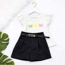 Conjunto kit 3 peças blusa + short e cinto moda infantil tendencia menina - OFF/PRETO - Visão 1