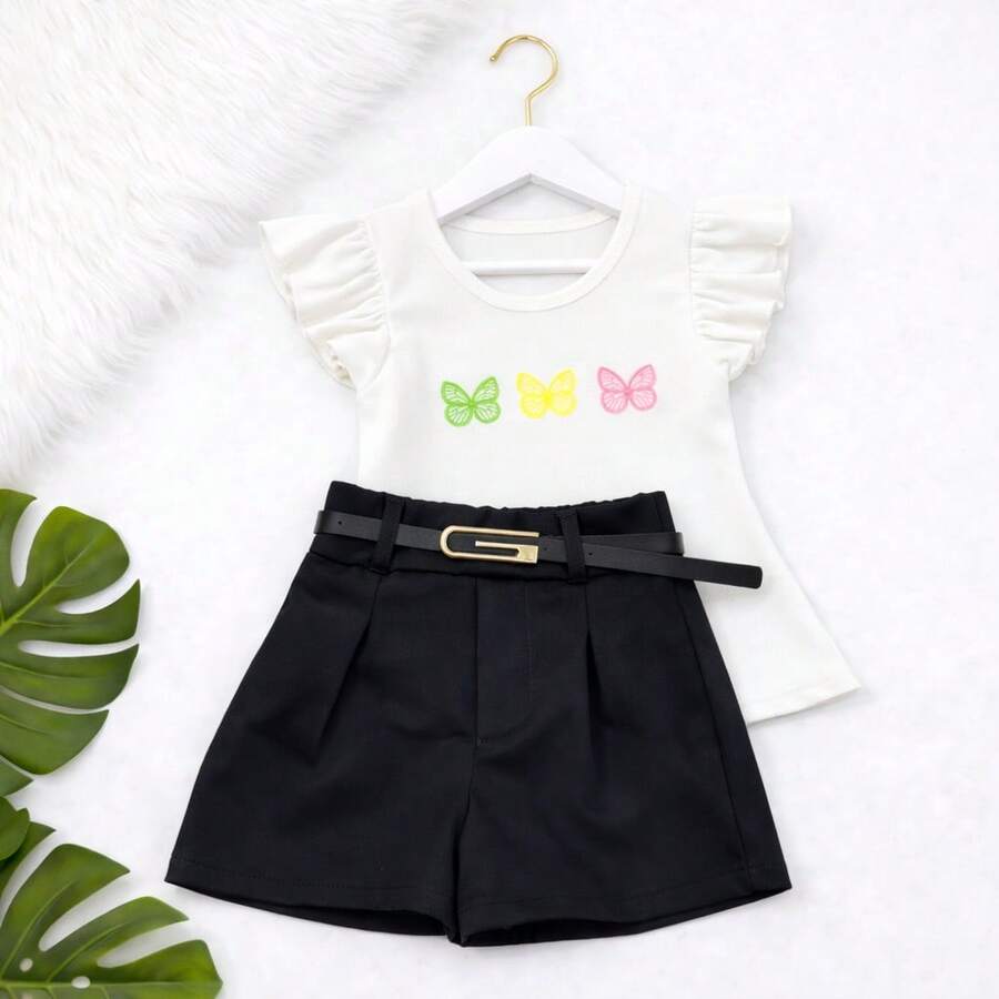 Conjunto kit 3 peças blusa + short e cinto moda infantil tendencia menina - OFF/PRETO - Visão 1