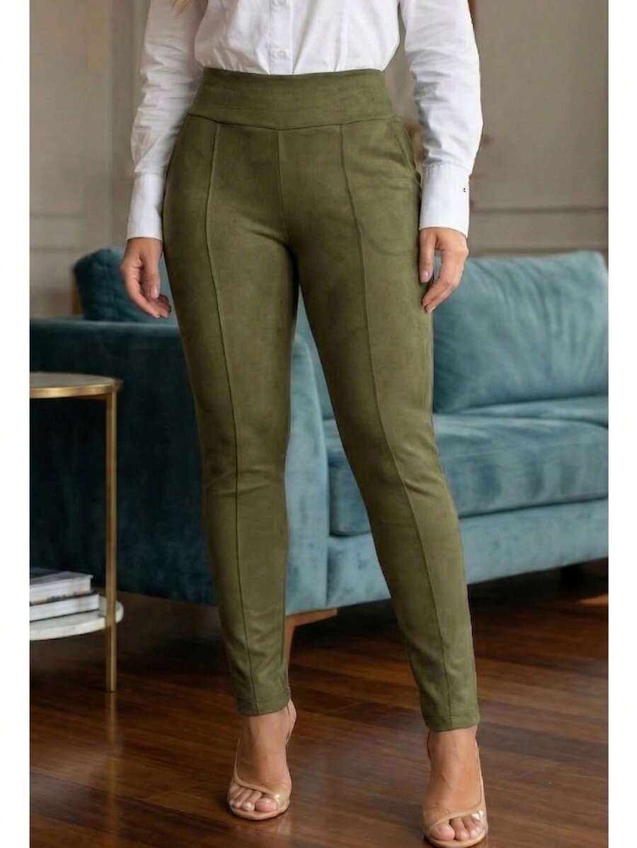 Atelie Kr Women's High-Waisted Riding Pants In Suede Skinny Style - 軍綠色 - 查看 1