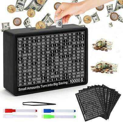 Wooden Money Saver Box 10000 With Dry Erase Tracker - $10K Savings Challenge For Adults And Cash Vault Piggy Bank Reusable Counter + 1000/5000/10000 Target Versions Money Savings Box Game.