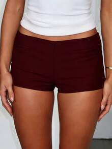 Y2k Low Rise Booty Shorts For Women Micro Mini Fitted Shorts Hot Pants Going Out Bottoms Streetwear Women's Low Rise Booty Shorts Y2k Skinny Micro Mini Shorts Summer Hot Pants - 酒紅色 - 查看 3