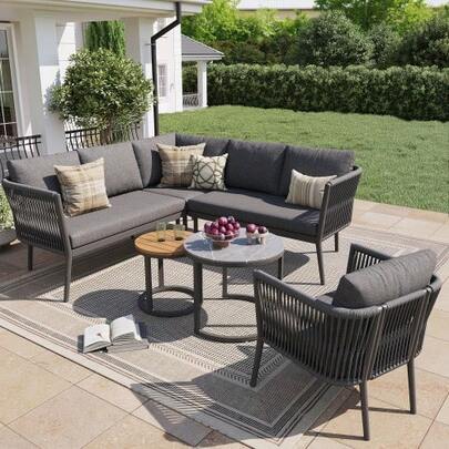 Garden Lounge Set For 5-6 People, Large Outdoor Sofa Set, 6-Tier Sitzgruppe Mit Wasserfester Sitzbank Und Kissenset, Modular Ecksofa Set Für Terrasse Balkon, Grau