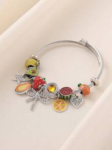 1件优雅油画蝴蝶结吊坠，草莓牛油果串珠不锈钢手链，西瓜菠萝可爱水果DIY手链，适合女性日常、约会、派对佩戴 - 彩色 - 查看 4