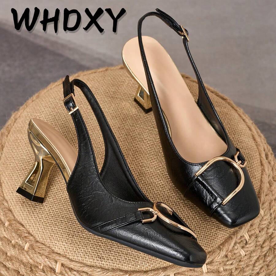 7cm Chunky Heel Backless Sandals, French Retro Black Shoes, Elegant Commuting & Petite Party Wear - Graphite Black - View 1