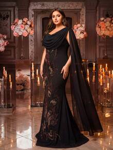 Đầm dạ hội dáng ôm bằng chiffon, cổ tròn, tay bồng, đính sequin của SUPGIR dành cho nữ cỡ lớn. - màu đen - Xem 3