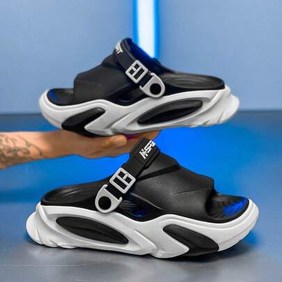 Men's New Summer Outdoor Casual Slippers, Beach Sandals, Flat Slides With Letter Buckle Design, Fashion Forward Bathroom Slippers, 2-In-1 Sandals