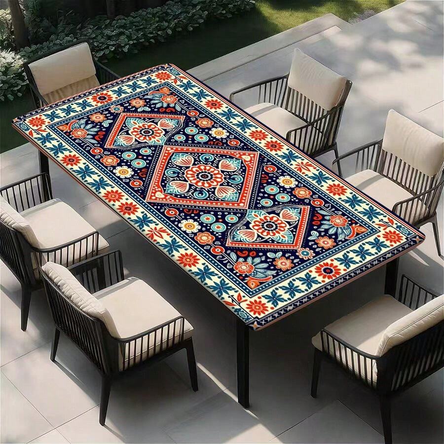 1件户外弹力桌布，波西米亚风格曼陀罗几何印花长方形桌布，带弹力边，适用于户外野餐、花园、露台、厨房和餐厅，可用作户外野餐桌罩 - A - 查看 1