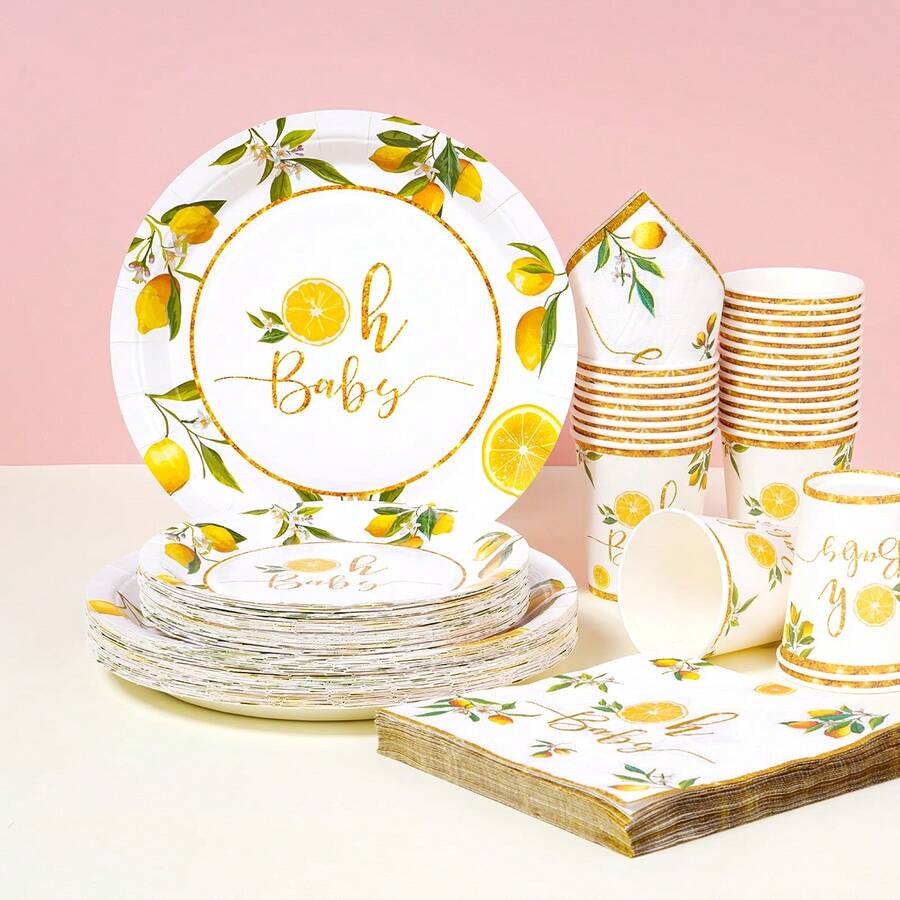 Oh Lemon一次性餐具套装,7/9英寸派对餐盘,一次性纸盘、纸杯、餐巾纸,适用于节日、婚礼、订婚、生日、派对、庆典、婚礼派对用品 - 多色 - 查看 1