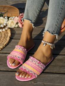 planare Dép lê nữ mùa hè tối giản bằng vải dệt màu nâu, kaki, hồng, kiểu dáng đế bằng, mũi tròn, thích hợp cho sử dụng hàng ngày, đi nghỉ mát và các dịp thường ngày. - Hồng - Xem 7