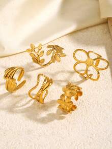 5pcs Stainless Steel 18K Gold Plated Summer Elegant Style Geometric Flower Leaf Line Rings Set Suitable For Women Daily Wear, Date, Vacation - Multicolor - View 6