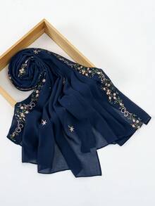 1 pieza Pañuelo de mujer de gasa bordado de moda, pañuelo suave y transpirable, versátil, hijab de protección solar musulmán, adecuado para uso diario, reuniones, viajes, fotografía y todas las estaciones - Azul marino - Ver 4