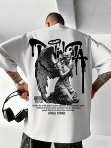 Zrgoth Men's Casual Versatile Minimalist Angel Sculpture Dark Portrait Print Element Short Sleeve T-Shirt - White - View 3