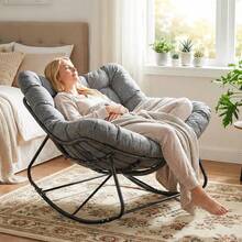 Rattan Rocking Chair, Egg-Shaped Rocking Chair, Oversized Rocking Armchair With Thick Removable Cushion And Metal Frame, Load Capacity Of 150kg, Lounge Chair For Garden, Balcony, Living Room - Gray Rattan + Dark Gray Mat - View 4
