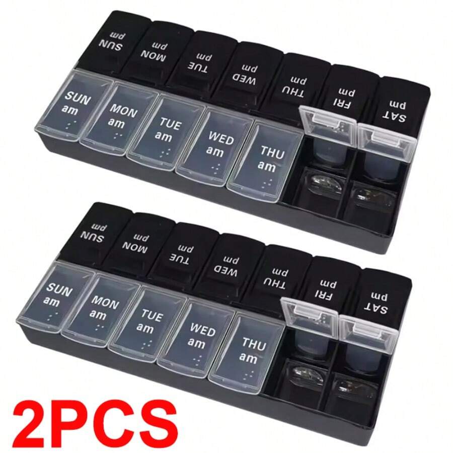 2X Weekly Daily Pill Box Organiser Tablet Medicine Storage Dispenser 7 Day Night - 黑色 - 查看 1